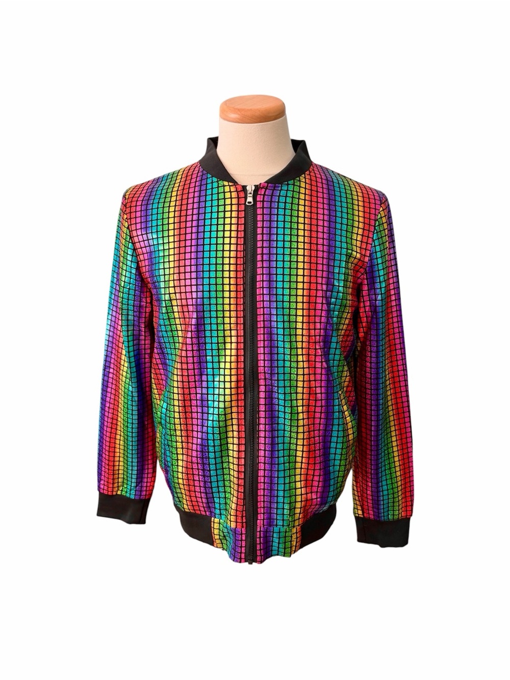 Unisex Metallic Rainbow Grid Bomber Jacket - size medium